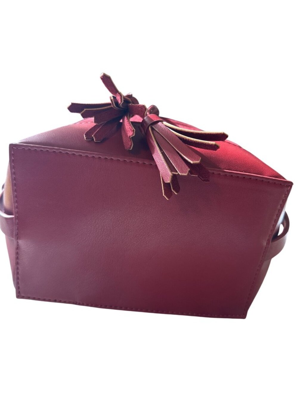 Burgundy Suede Leather Bucket Bag With Tassel Drawstring & Adjustable Strap - Picture 6 of 8